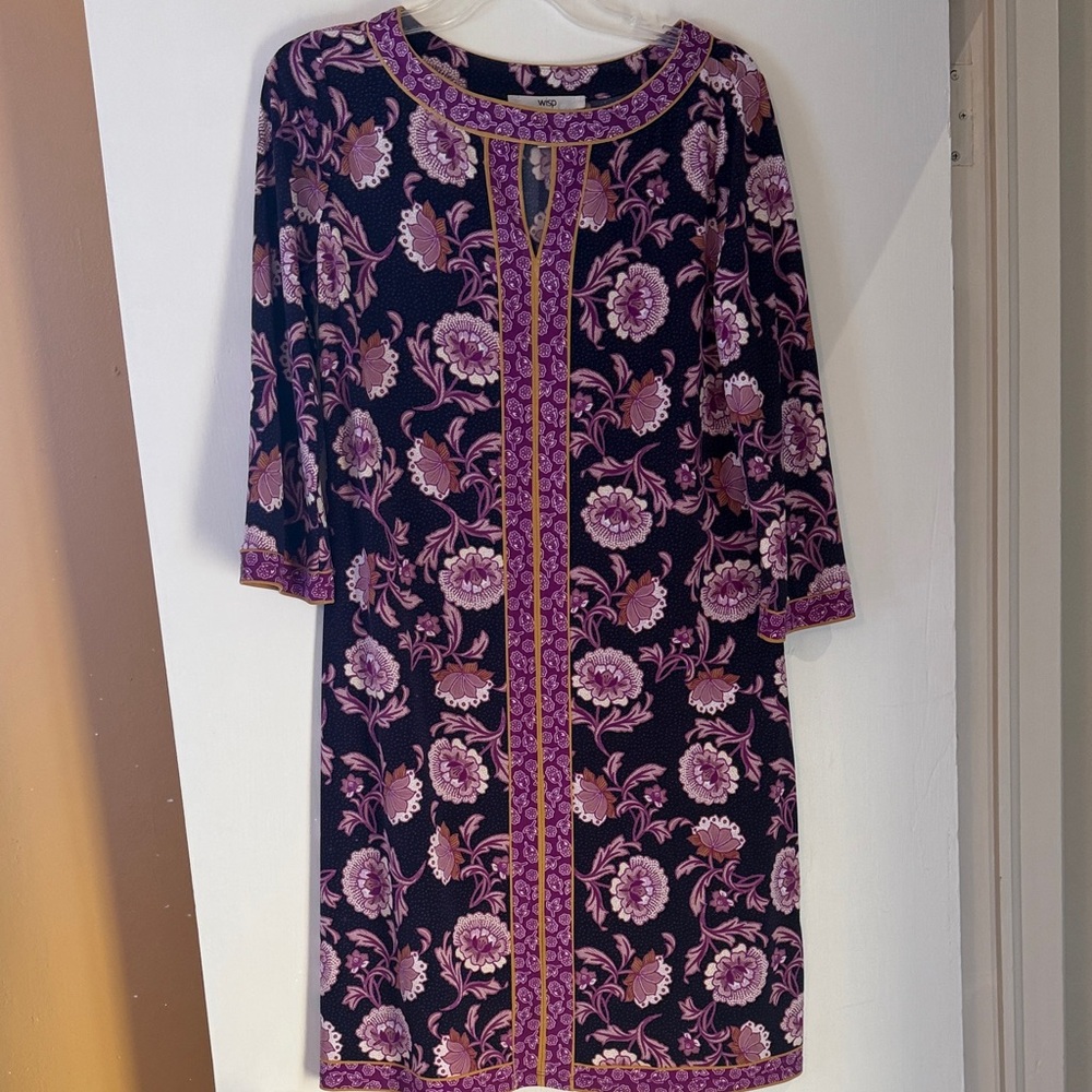 Wisp Floral Purple Shift Dress with Pink Accents 3/4 sleeve flowy women size 10